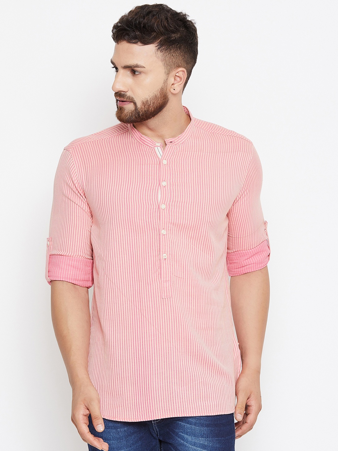 

even Men Pink & Off-White Striped Straight Kurta