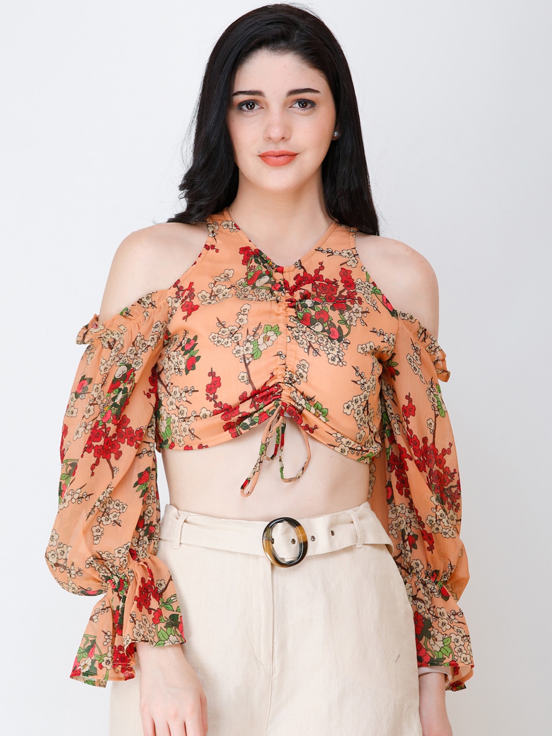 SCORPIUS Women Peach-Coloured Floral Printed Crop Top