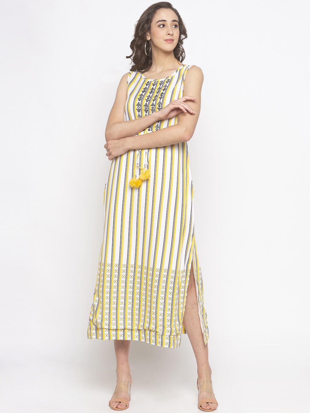 

Globus Women Yellow & White Striped Fit and Flare Dress With Tie-Ups
