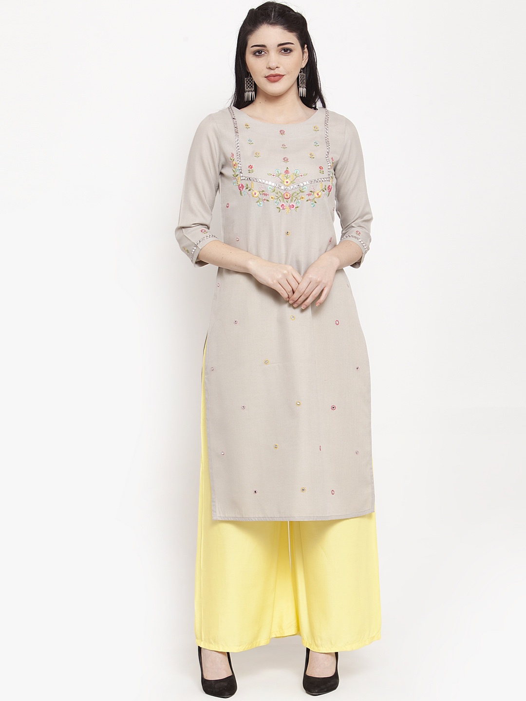 

ANAISA Women Beige Mirror Embroidery Straight Kurta
