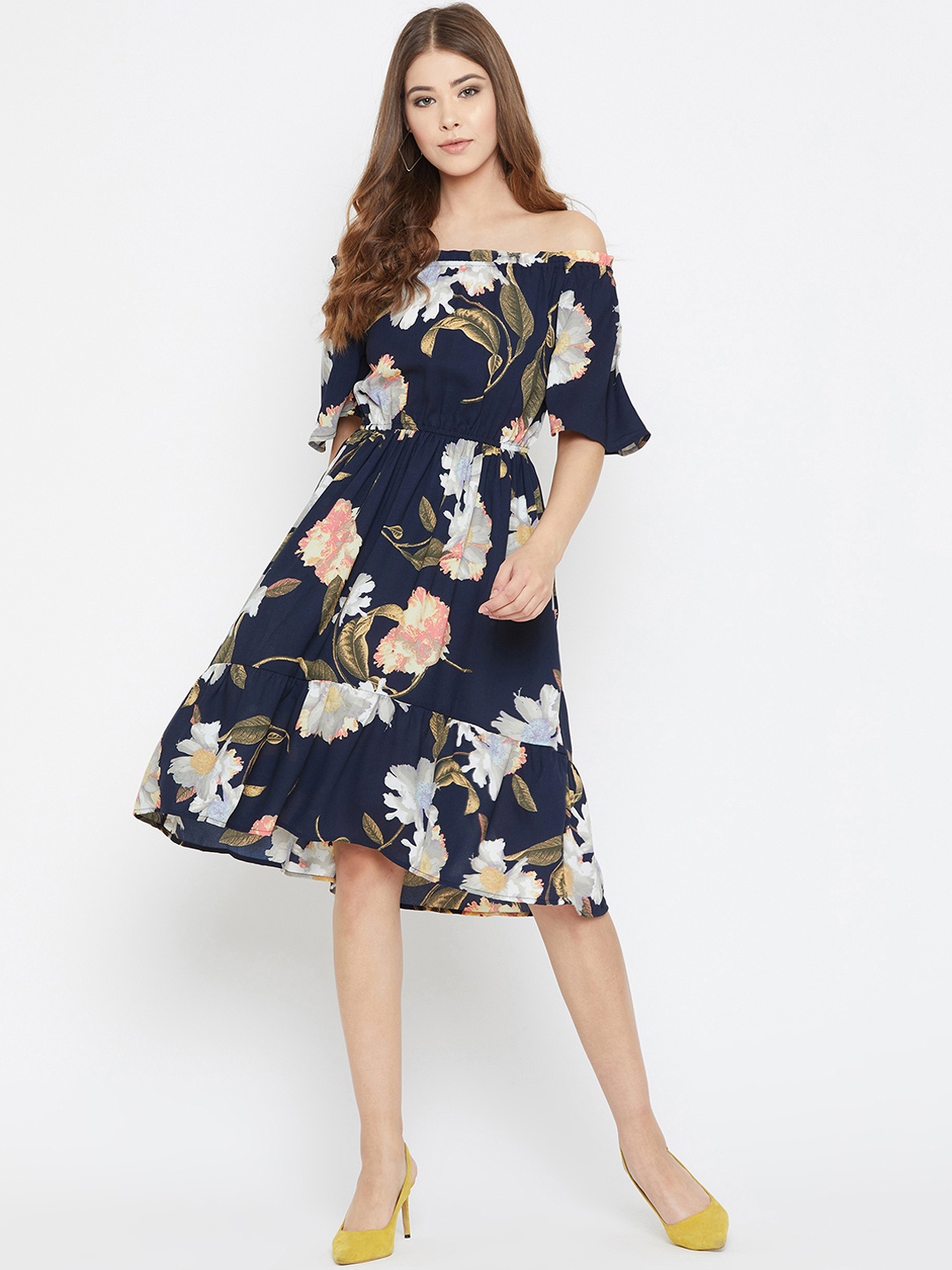 

Ruhaans Women Navy Blue Printed Fit and Flare Dress