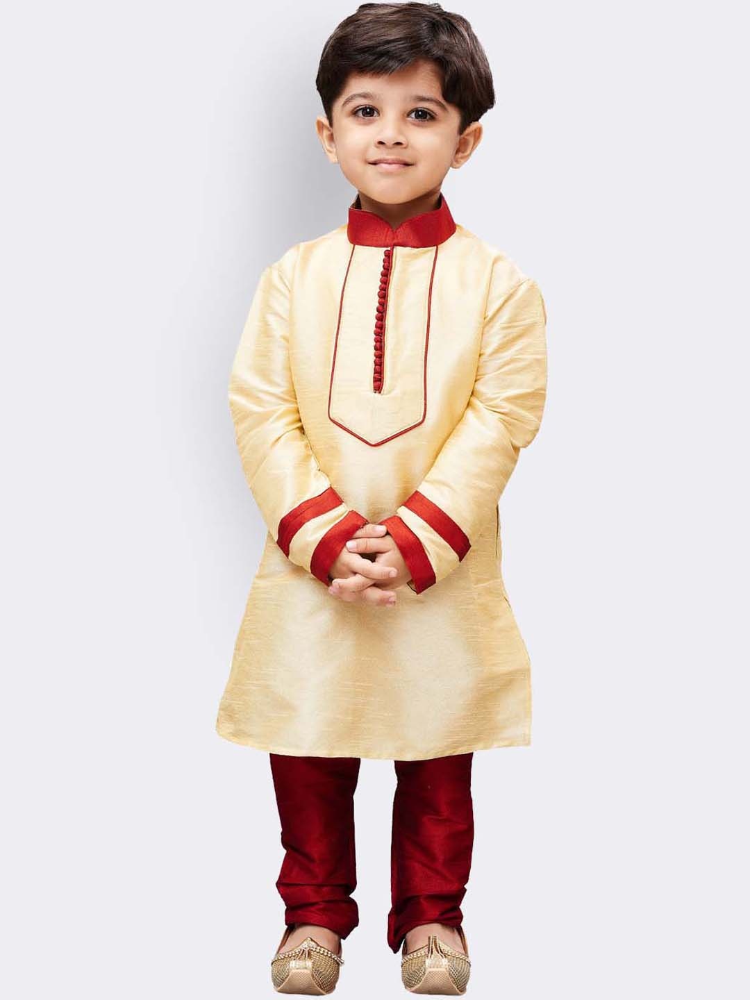 

YK Boys Gold-Toned & Maroon Solid Kurta with Trousers