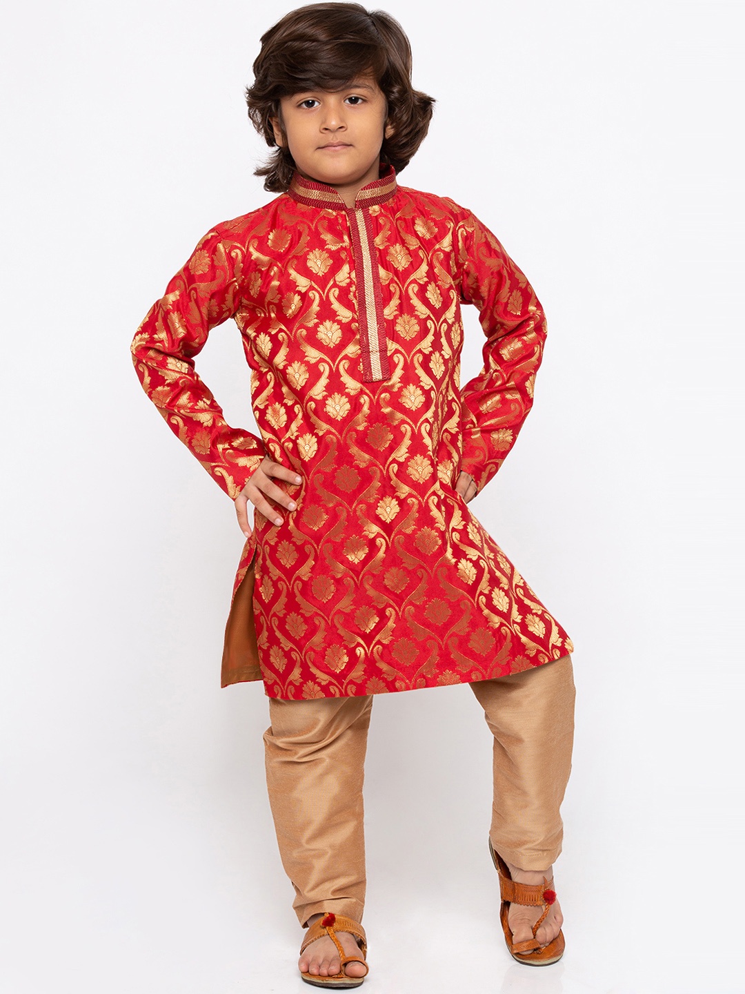 

YK Boys Red & Gold-Coloured Self Design Kurta with Pyjamas