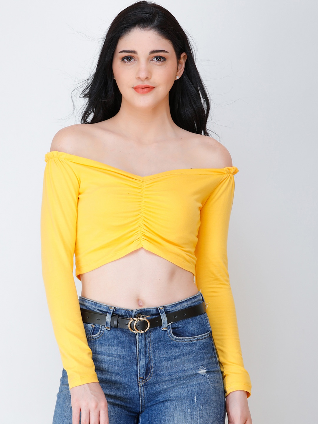 

SCORPIUS Women Yellow Solid Bardot Top