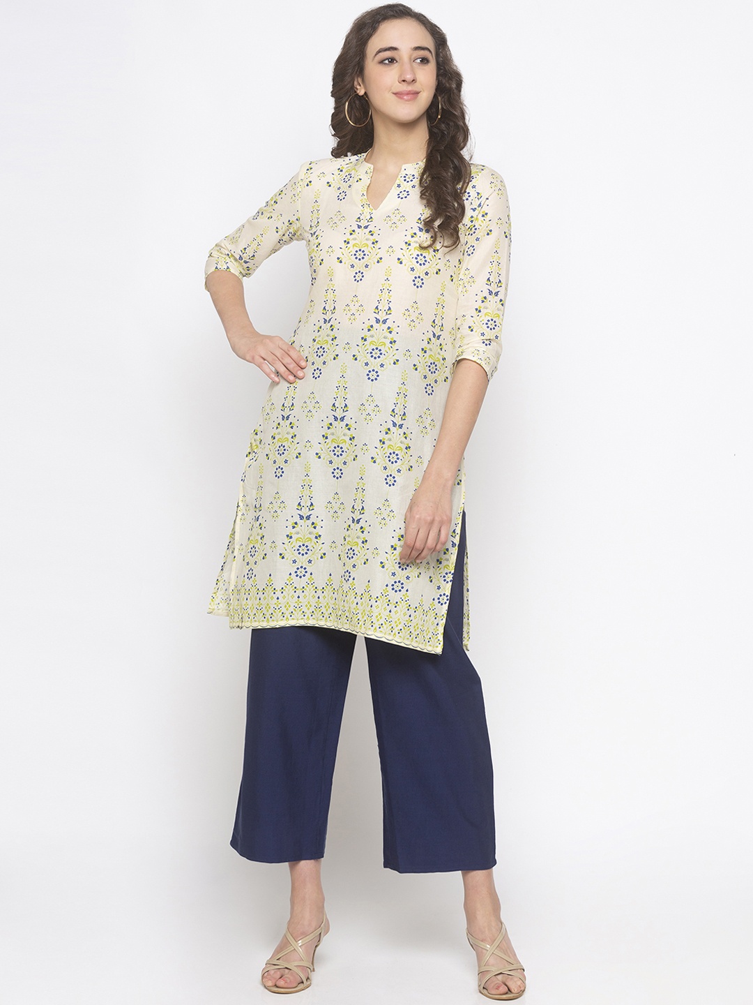 

Globus Women Yellow & Lime Green Floral Pure Cotton Print Straight Kurta