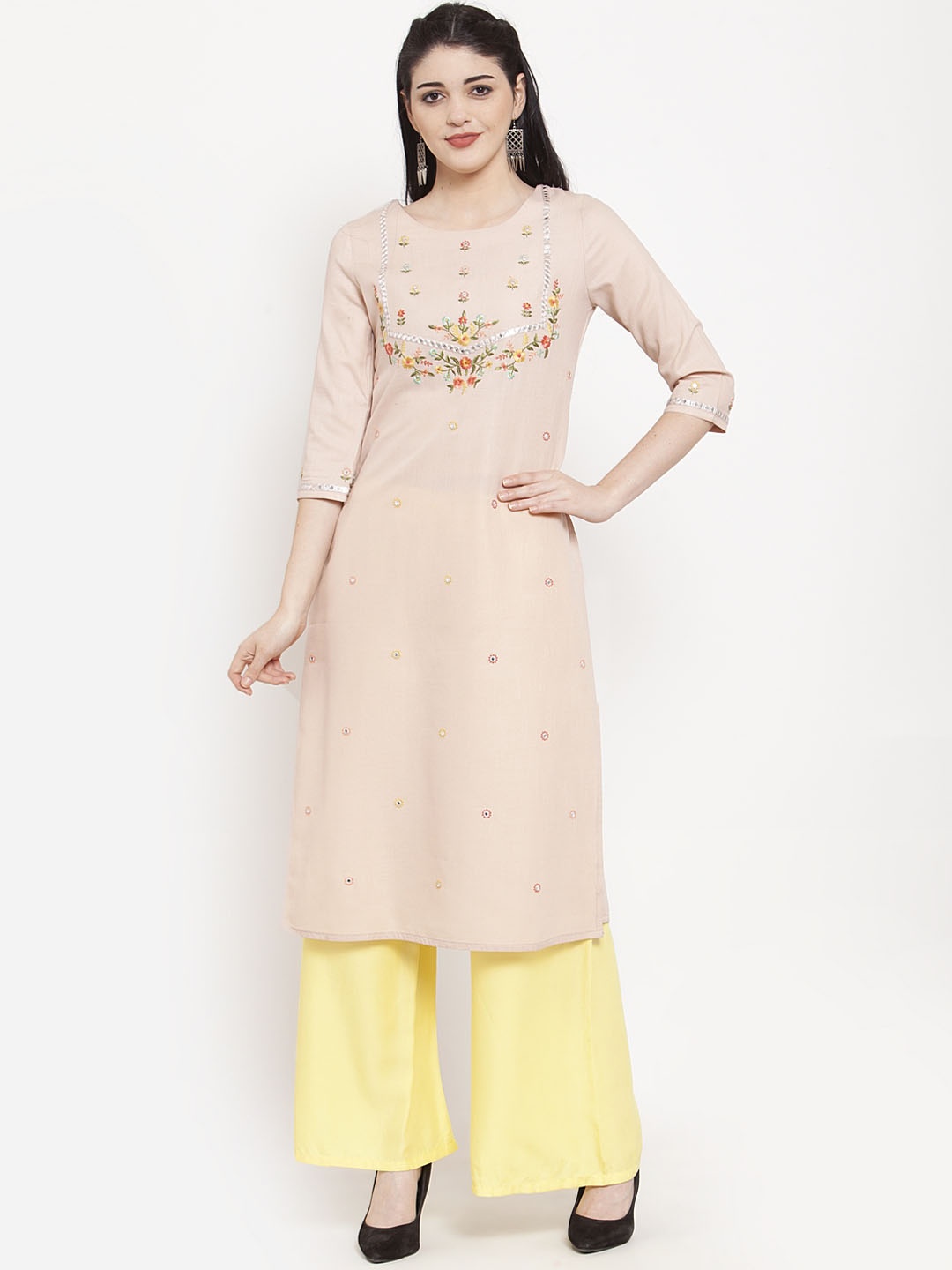 

ANAISA Women Peach-Coloured Embroidered Straight Kurta