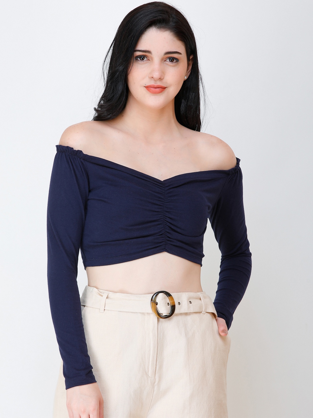 SCORPIUS Women Navy Blue Solid Bardot Top