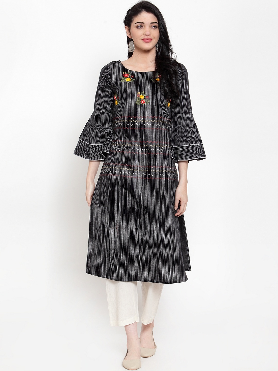 

ANAISA Women Black & White Striped Embroidery Straight Kurta