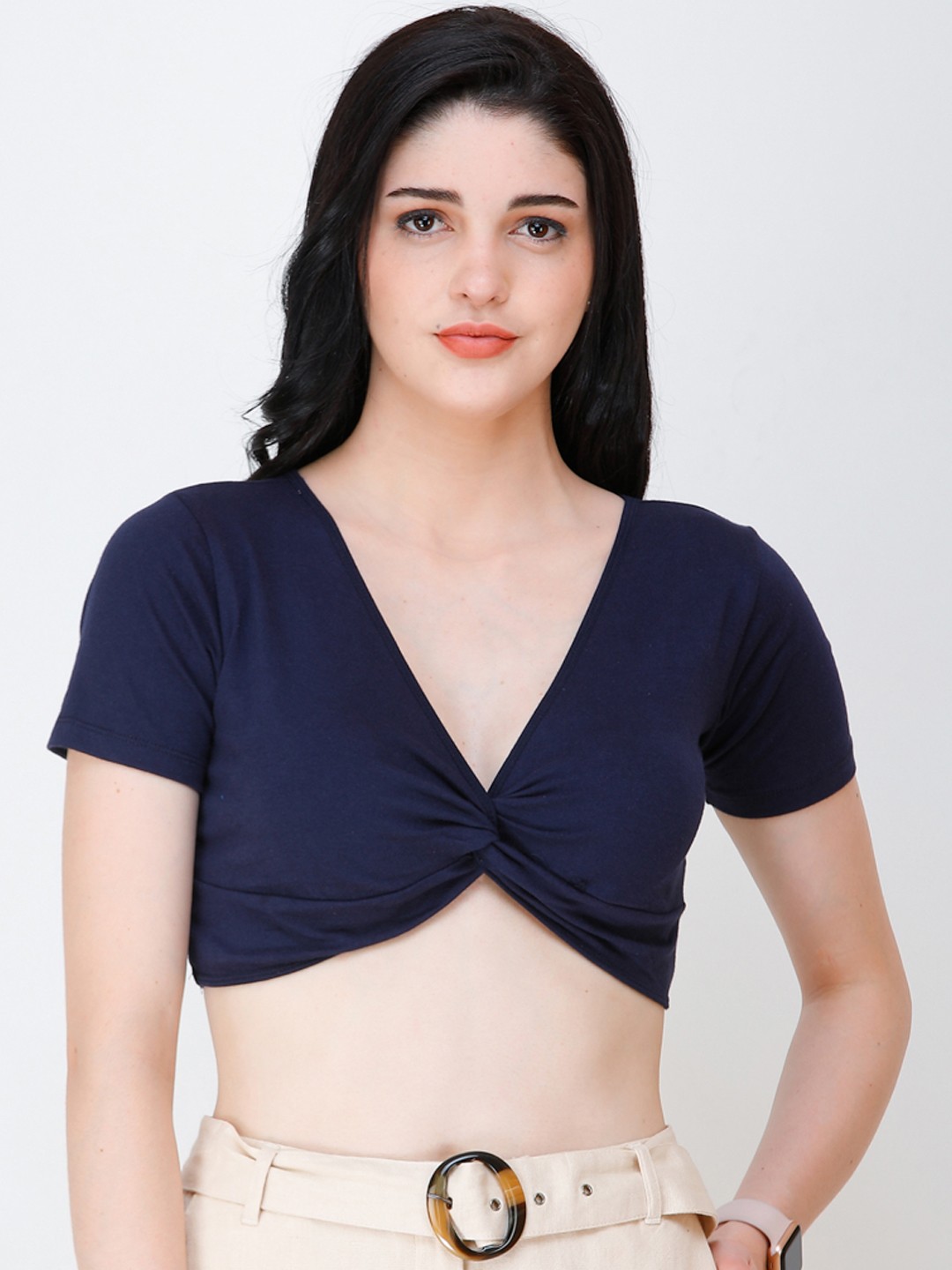 

SCORPIUS Women Navy Blue Solid Twisted Crop Top