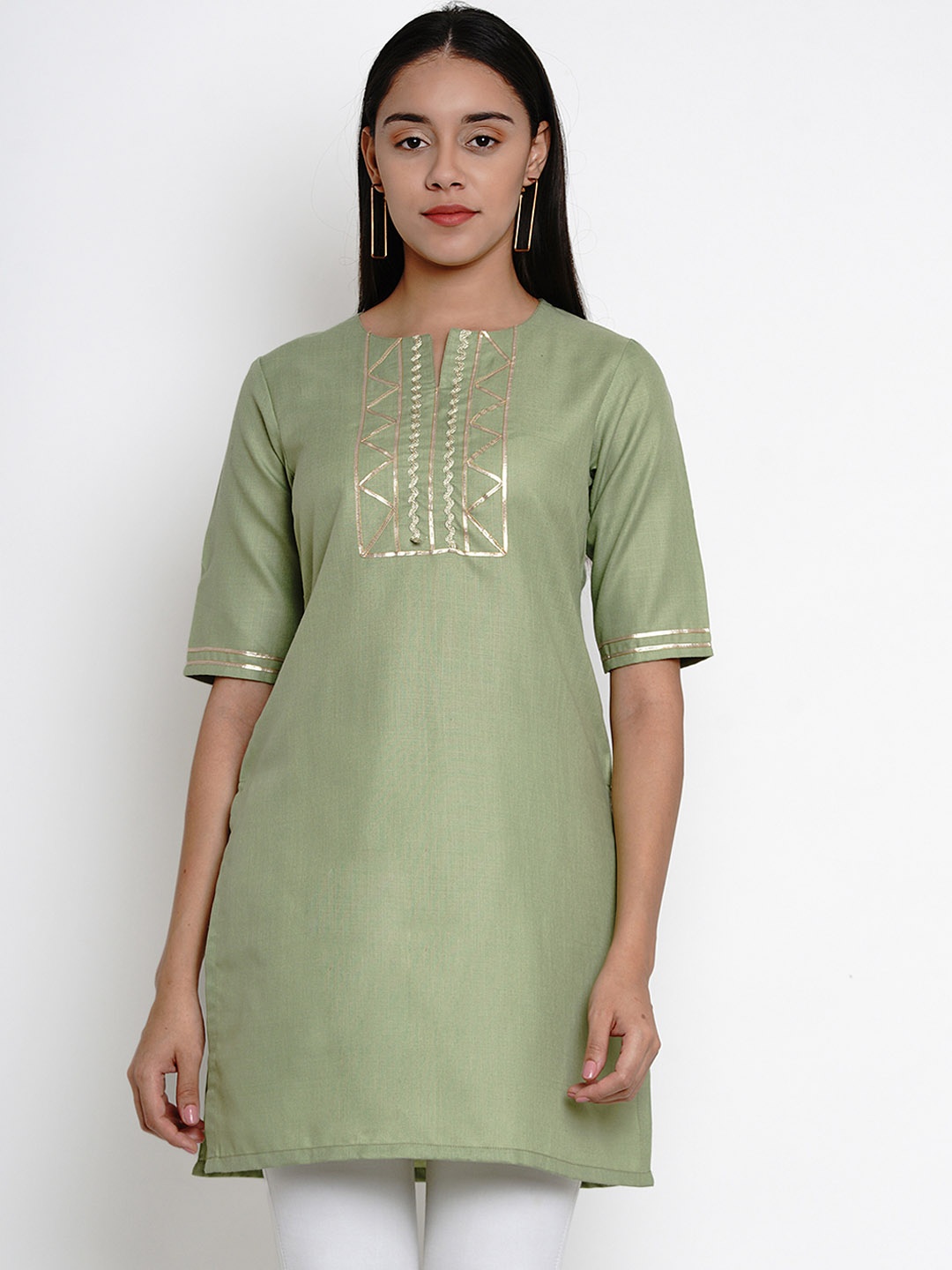 

Bhama Couture Women Green Pure Cotton Kurti with Lace Detailing
