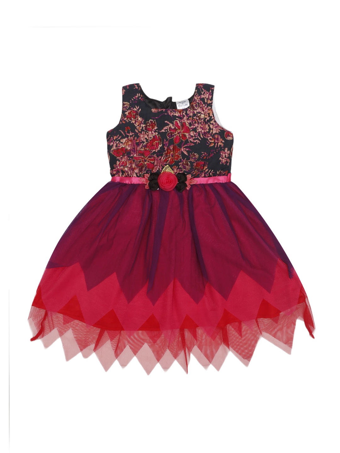 

Doodle Girls Pink & Navy Blue Floral Printed Fit and Flare Dress