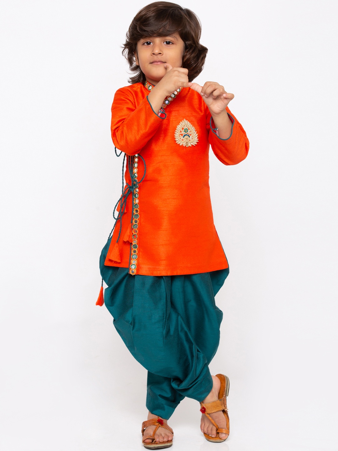 

YK Boys Orange & Teal Green Embroidered Angrakha Kurta with Dhoti Pants