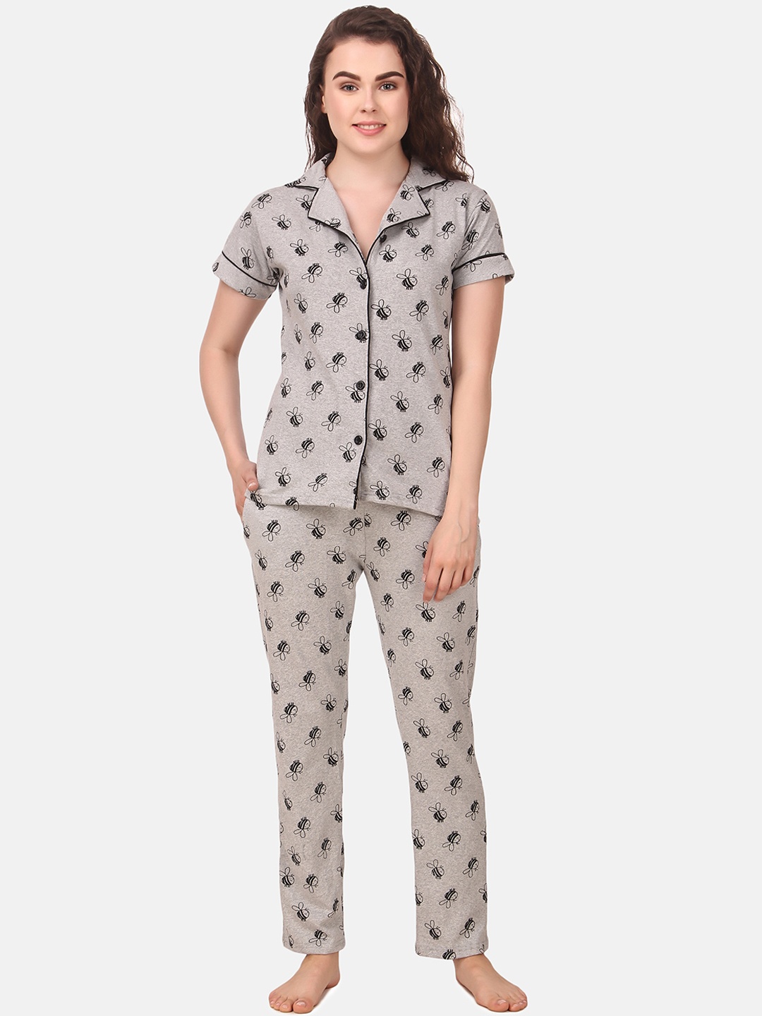 

Masha Women Grey & Black Printed Night suit