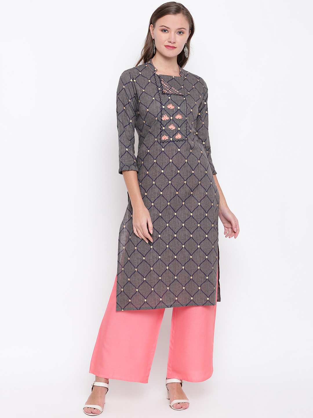 Vbuyz Women Charcoal Grey & Pink Embroidered Straight Kurta
