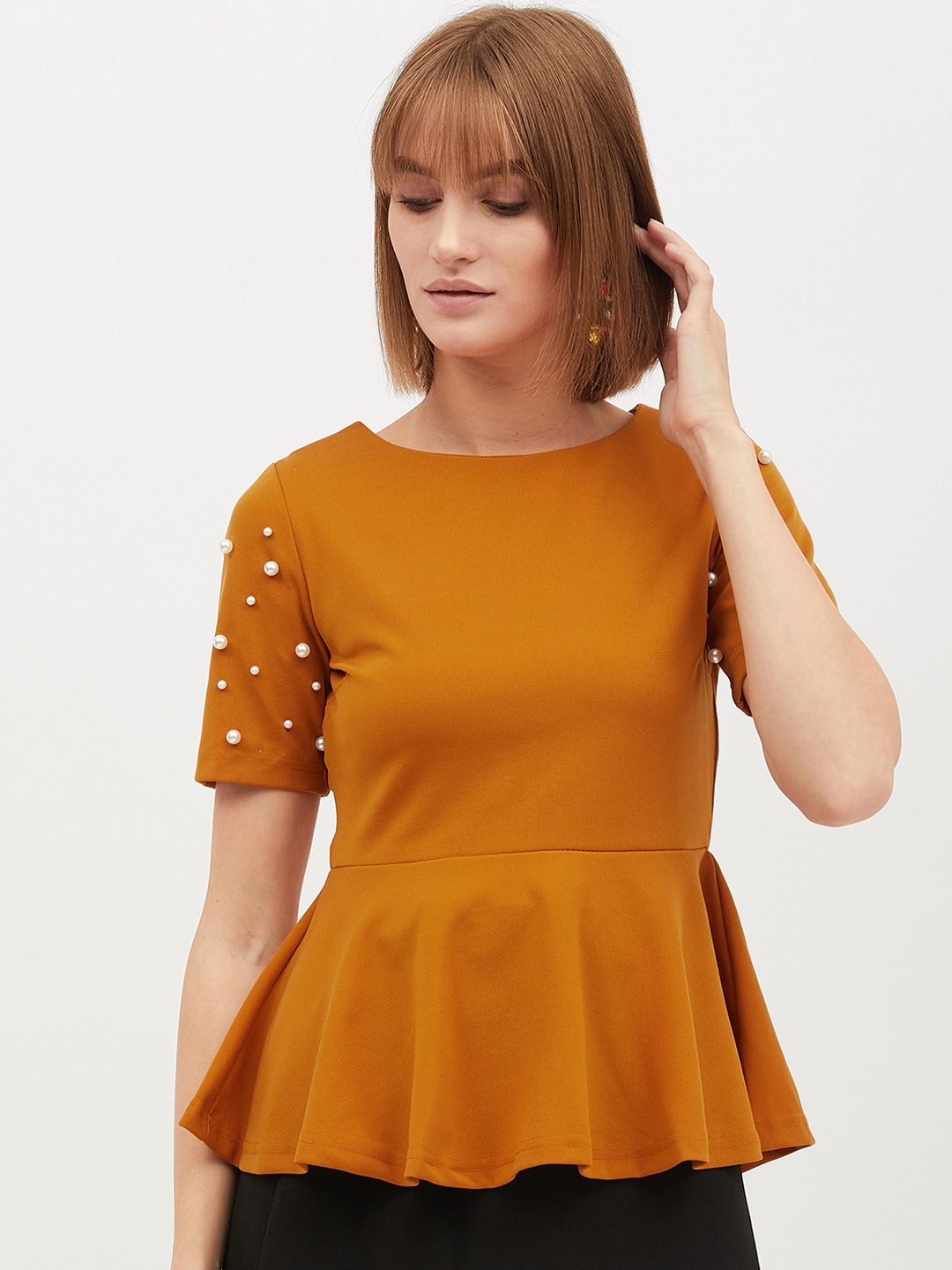 

Harpa Women Mustard Yellow Embellished Peplum Top