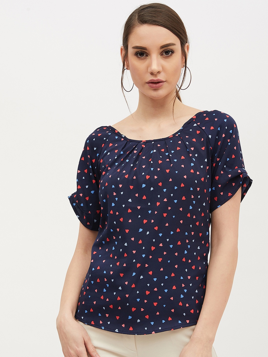 Harpa Women Navy Blue & Red Printed Top