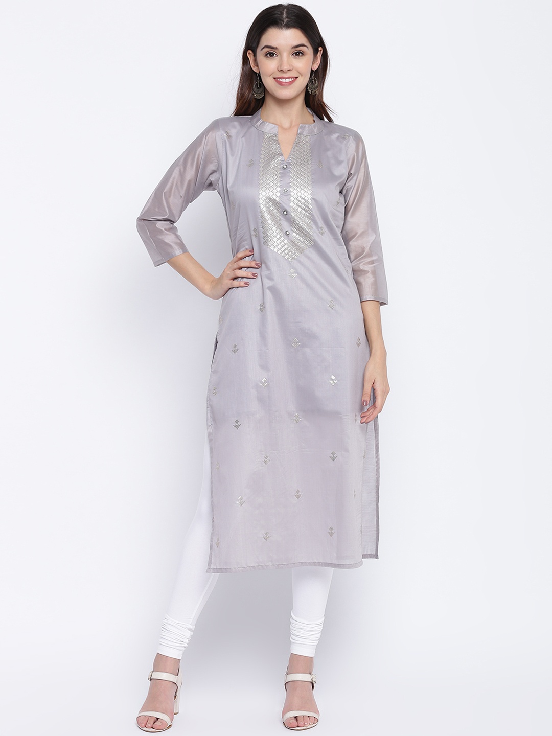 

Vbuyz Women Grey & Silver-Coloured Printed Embellished Straight Kurta