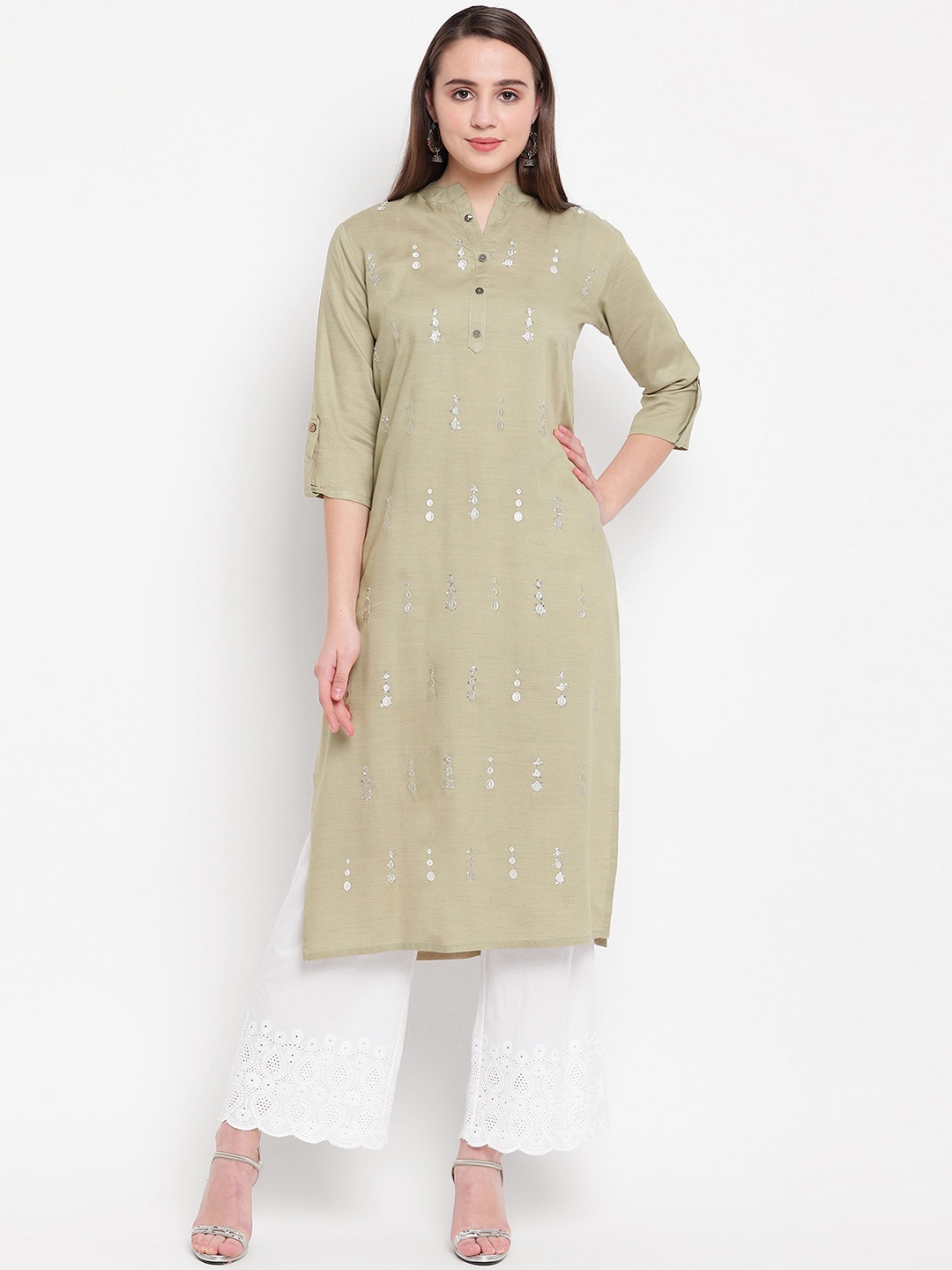 

Vbuyz Women Beige Embroidered Straight Kurta