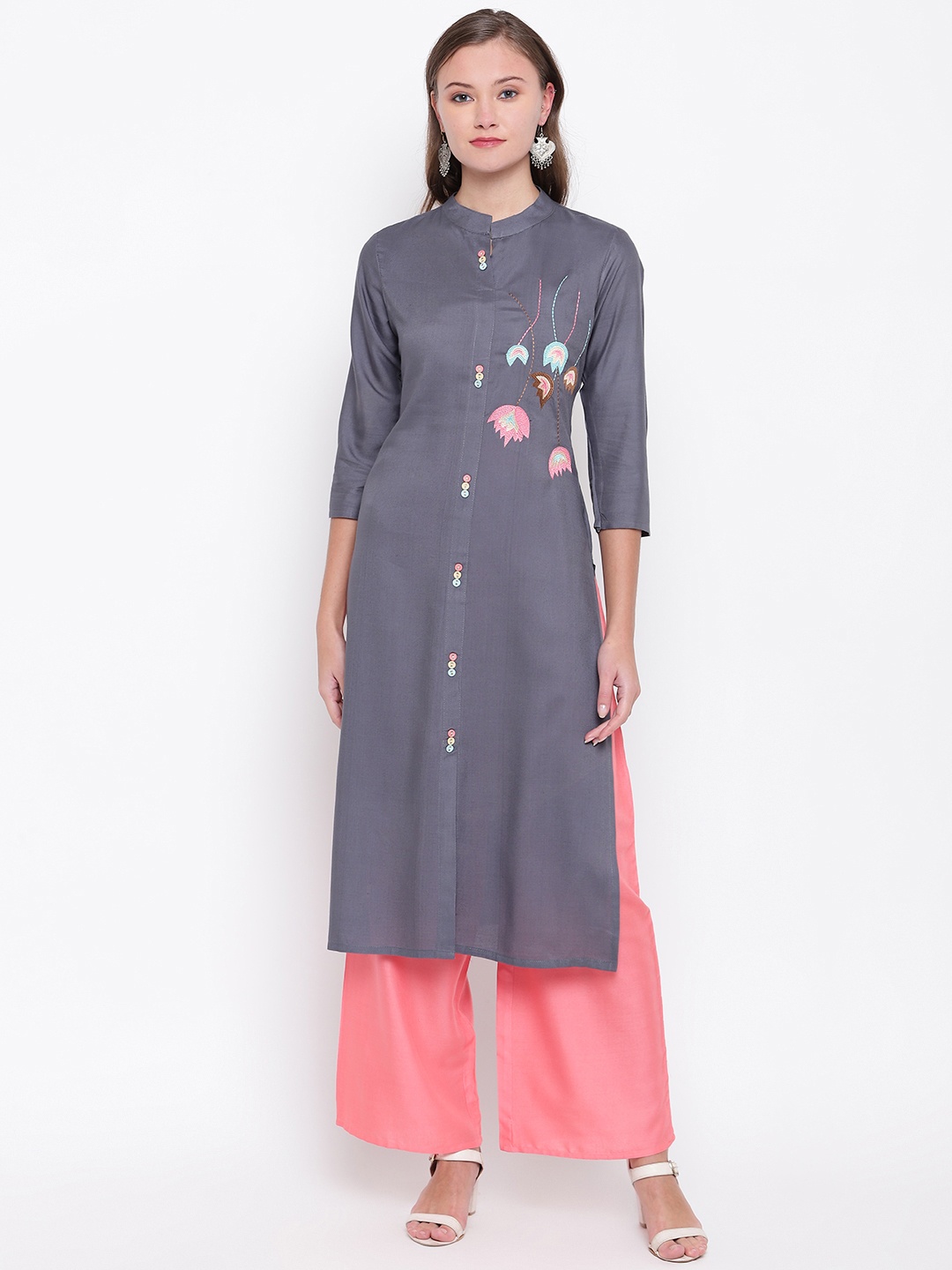 

Vbuyz Women Grey Embroidered Straight Kurta
