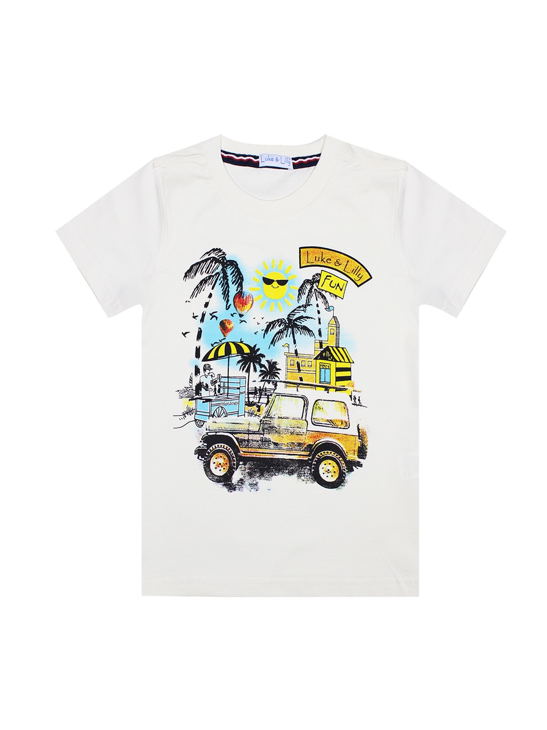 

Luke Lilly Boys Off-White Yellow Printed Round Neck Pure Cotton T-shirt