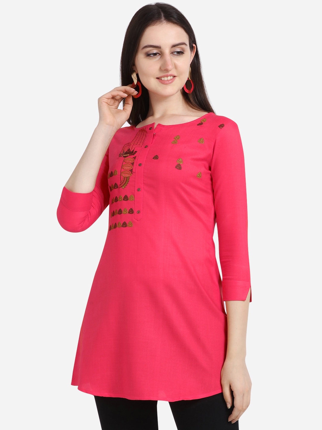 

Kvsfab Women Pink & Brown Embroidered A-Line Kurti
