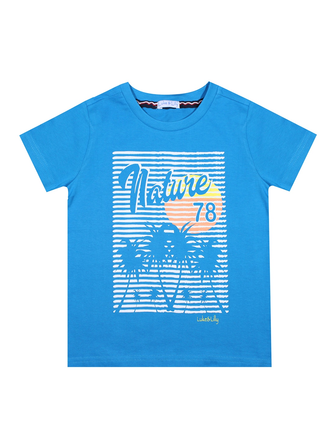 

Luke Lilly Boys Turquoise Blue White Printed Round Neck Pure Cotton T-shirt