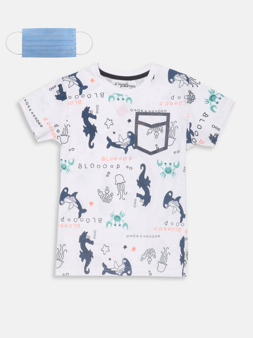 

Lil Tomatoes Boys White Printed Round Neck Pure Cotton T-shirt