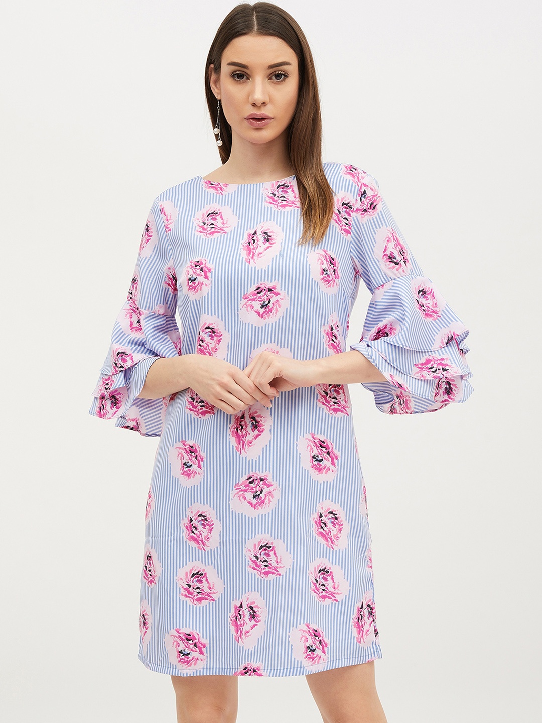 

Harpa Women Turquoise Blue Printed Fit and Flare Dress