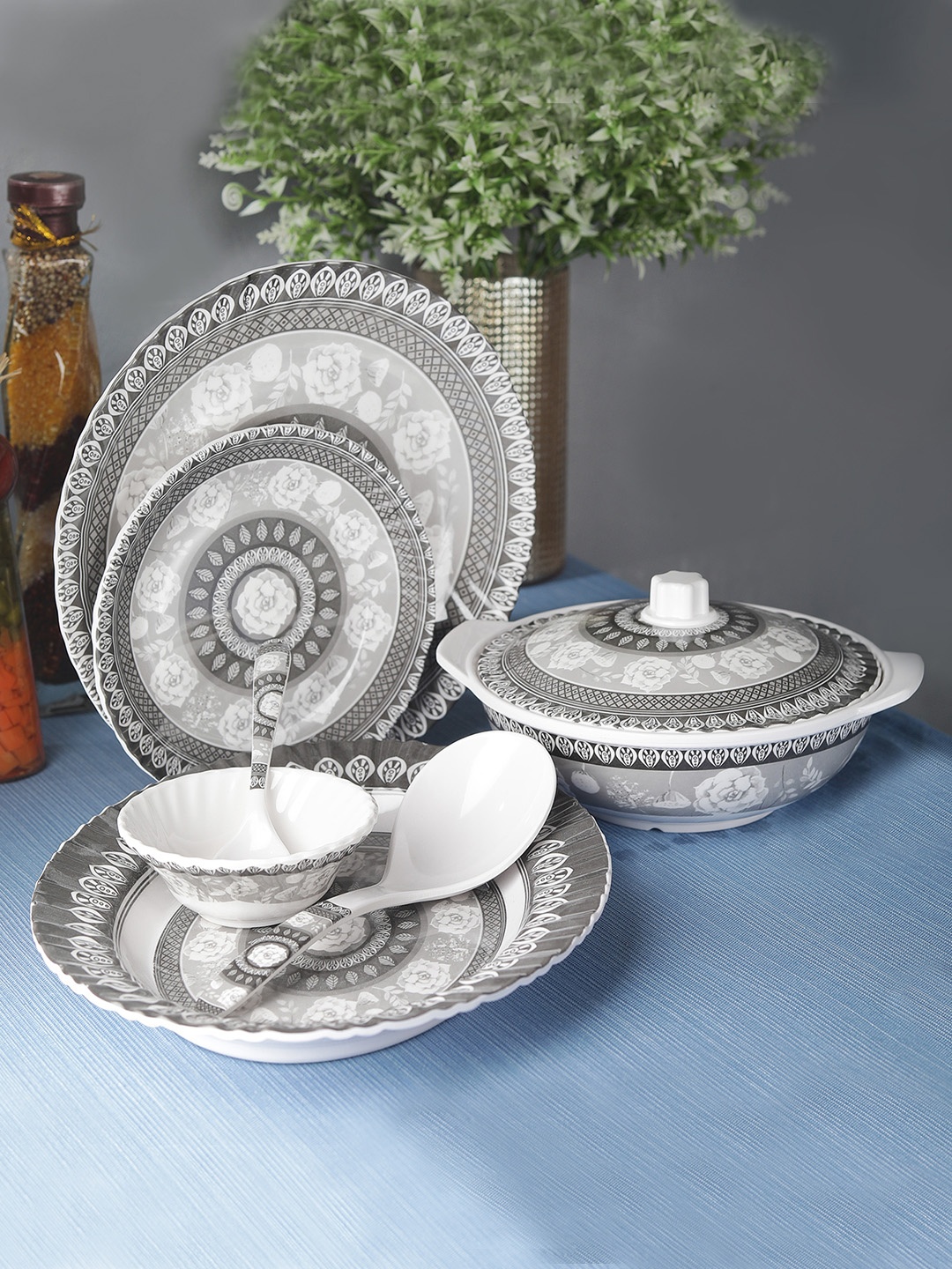 

CDI Unisex Set of 41 Grey & White Antique Printed Melamine Dinnerware Set