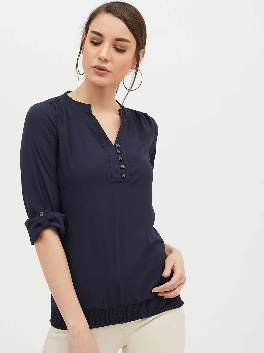 

Harpa Women Navy Blue Solid Shirt Style Top