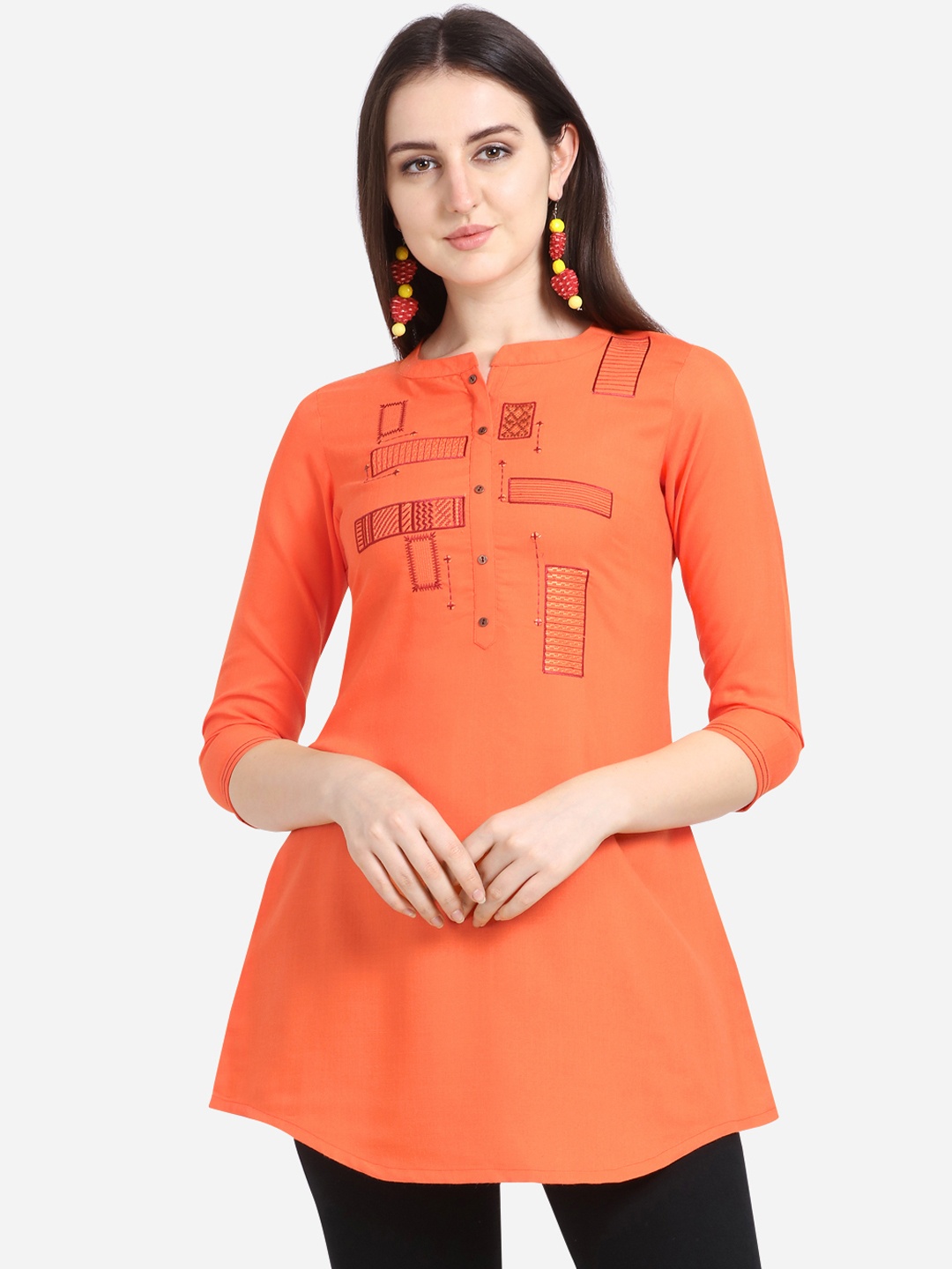 

Kvsfab Women Orange Embroidered Kurti