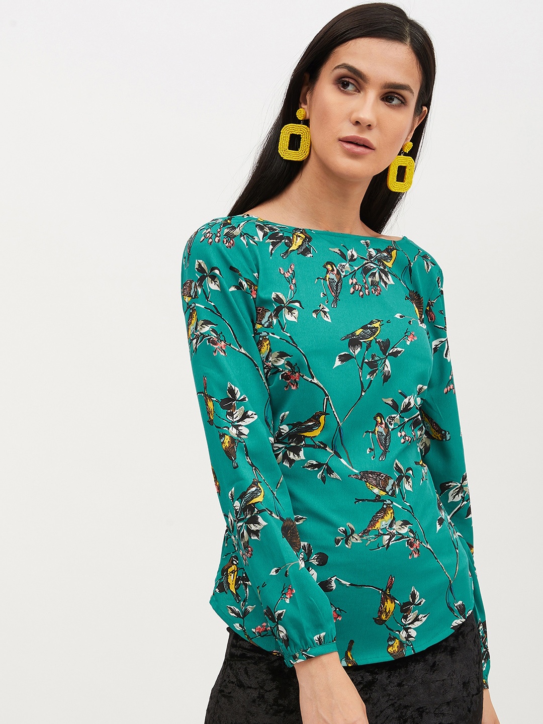 

Harpa Women Green Floral Printed Styled Back Top