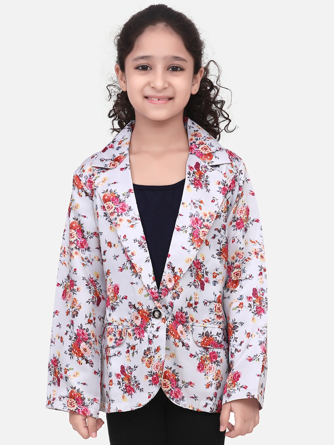 

LilPicks Girls Grey & Pink Spring Floral Digital Printed Single-Breasted Blazer