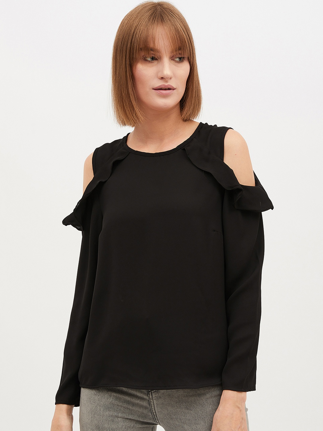 

Harpa Women Black Solid Cold-Shoulder Top