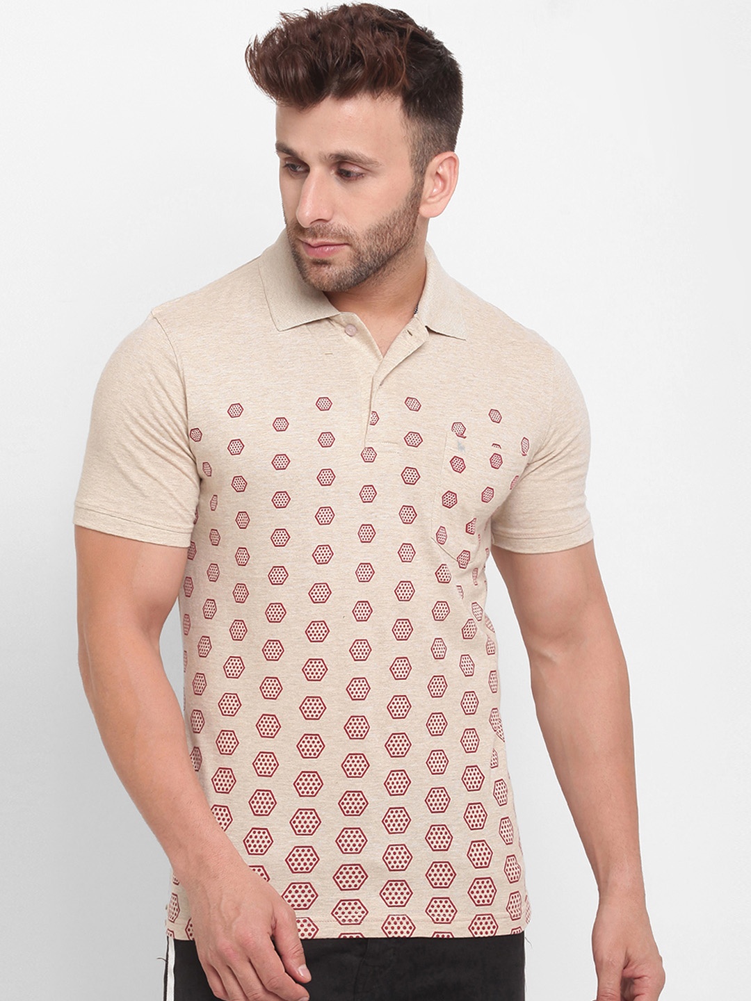 

BULLMER Men Beige & Pink Printed Polo Collar T-shirt