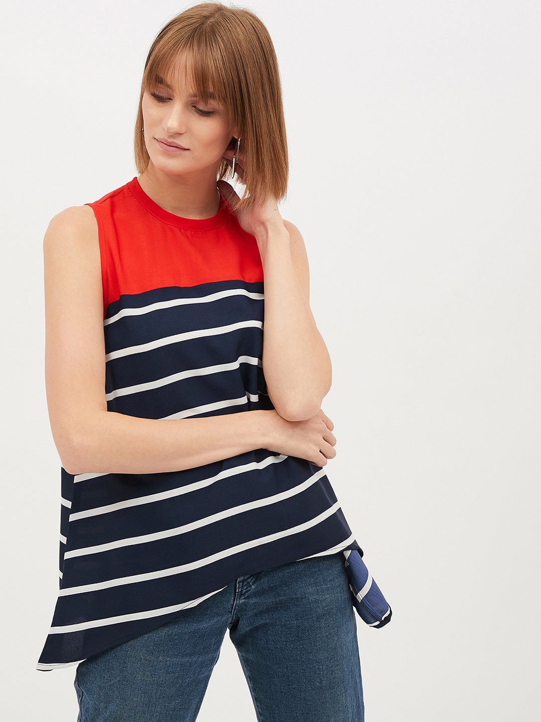 

Harpa Women Navy Blue Striped A-Line Top