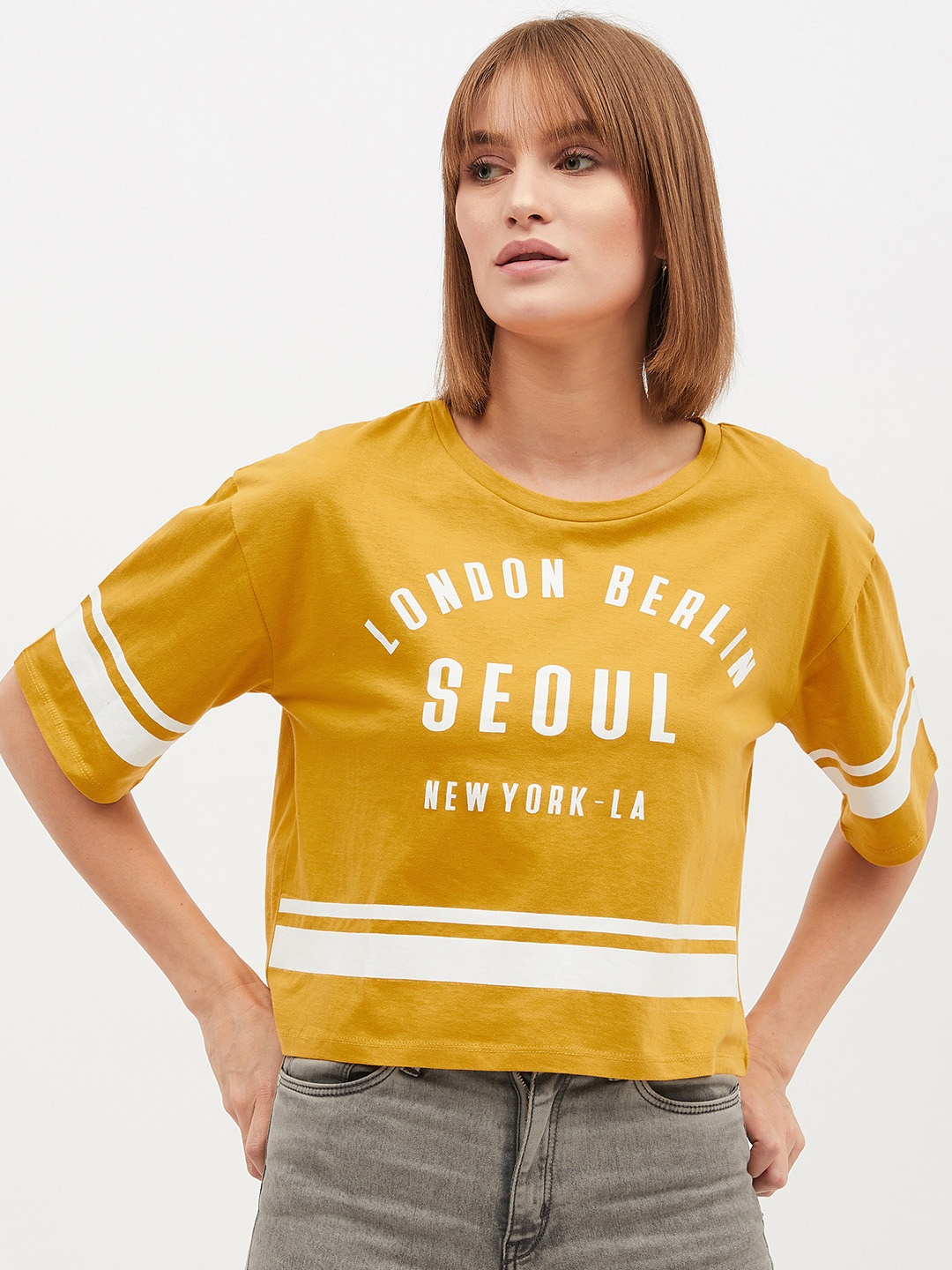 

Harpa Women Mustard Yellow Printed Round Neck Pure Cotton T-shirt