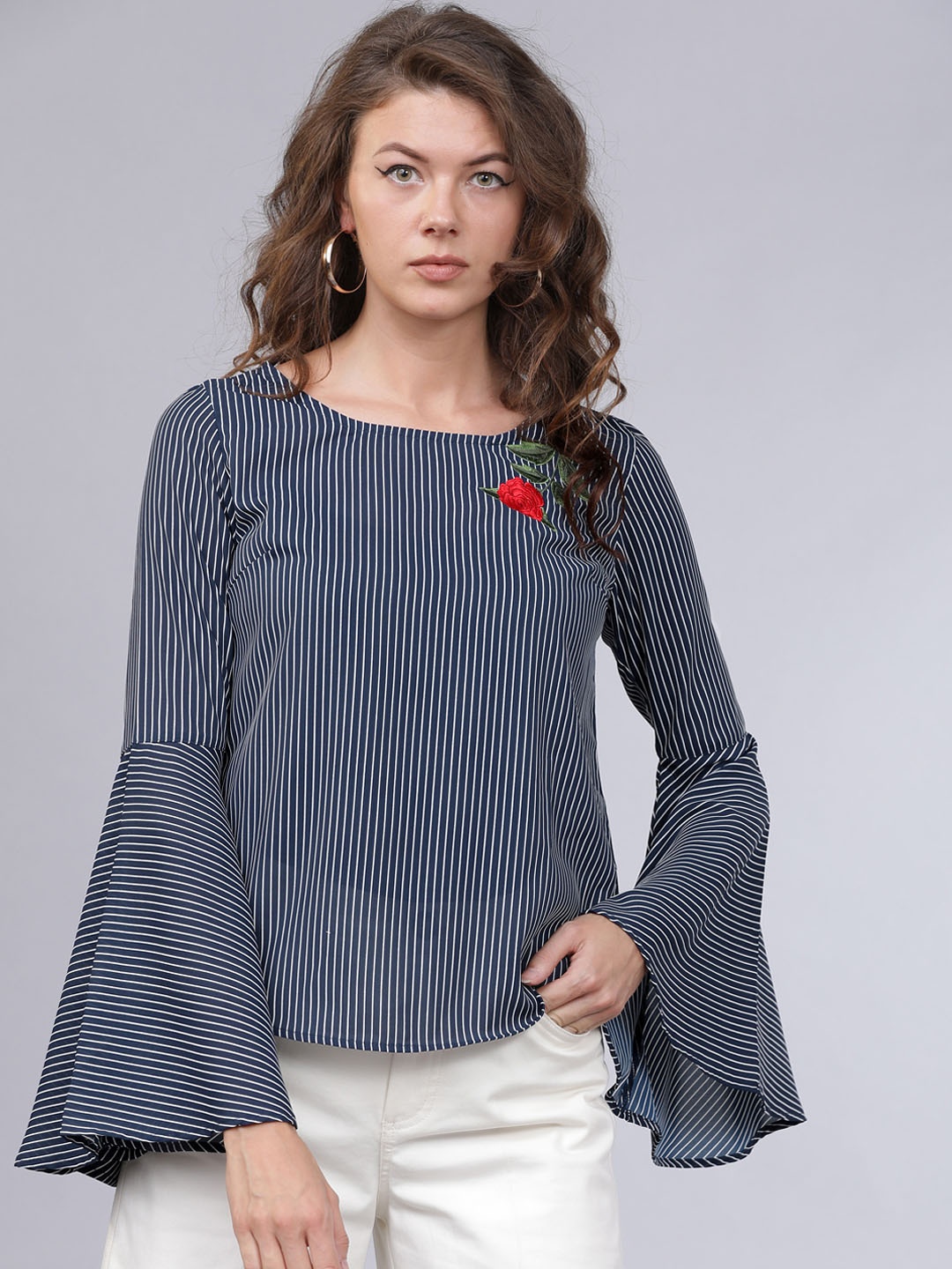

Mumbai Slang Chic Women Navy Blue & White Striped Top