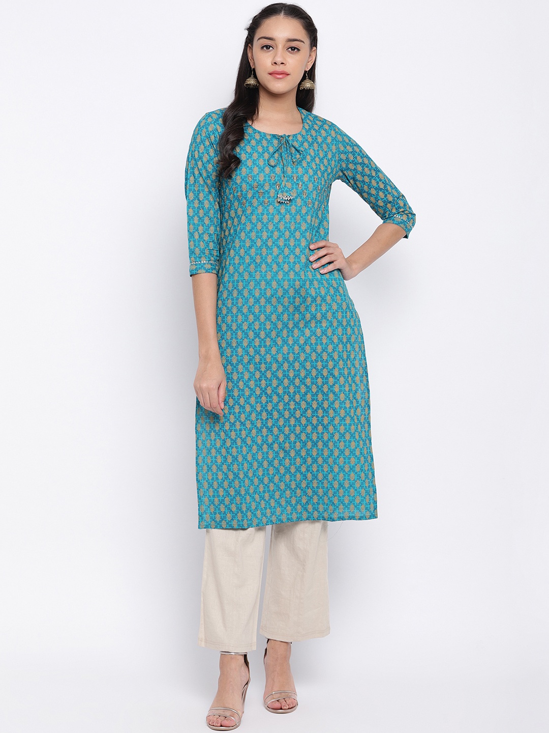 

Vbuyz Women Turquoise Blue & Gold-Coloured Printed Embellished Straight Kurta