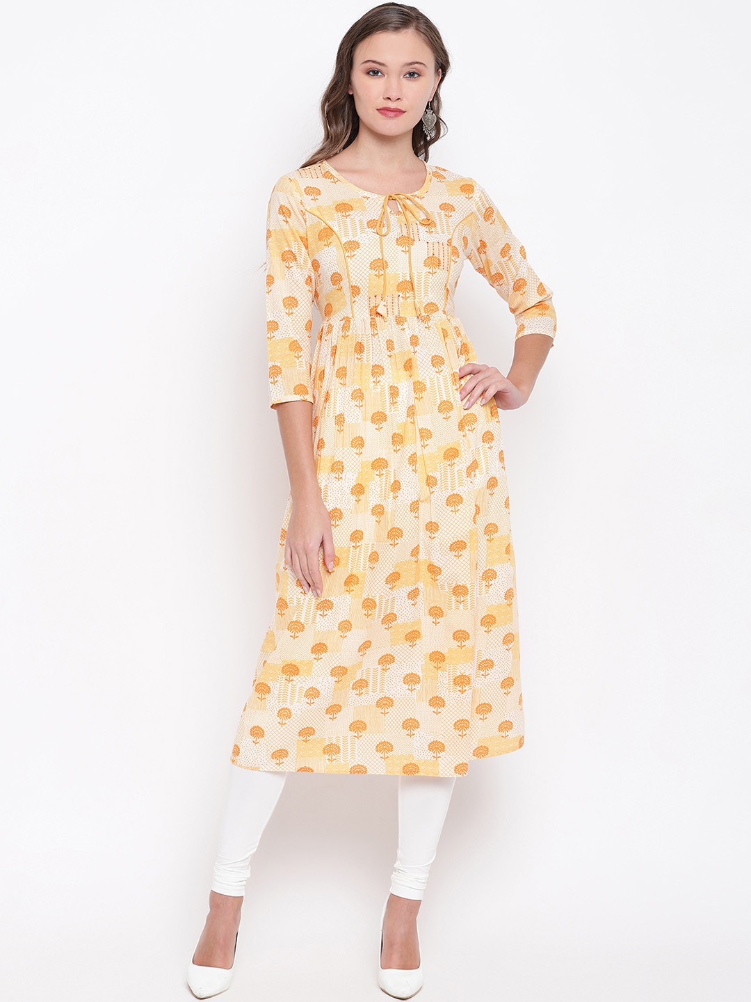 

Vbuyz Women Yellow & White Printed A-Line Kurta