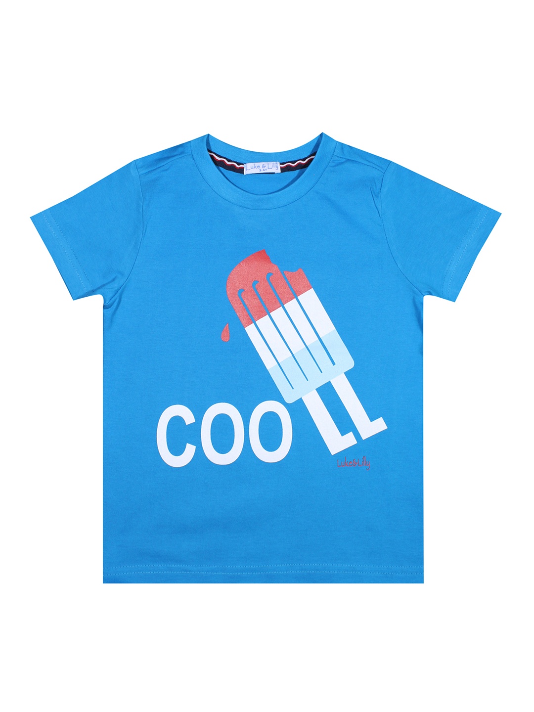 Luke Lilly Boys Blue Printed Round Neck Pure Cotton T-shirt