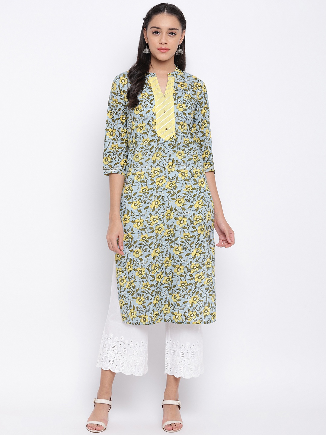

Vbuyz Women Blue & Yellow Printed Straight Kurta
