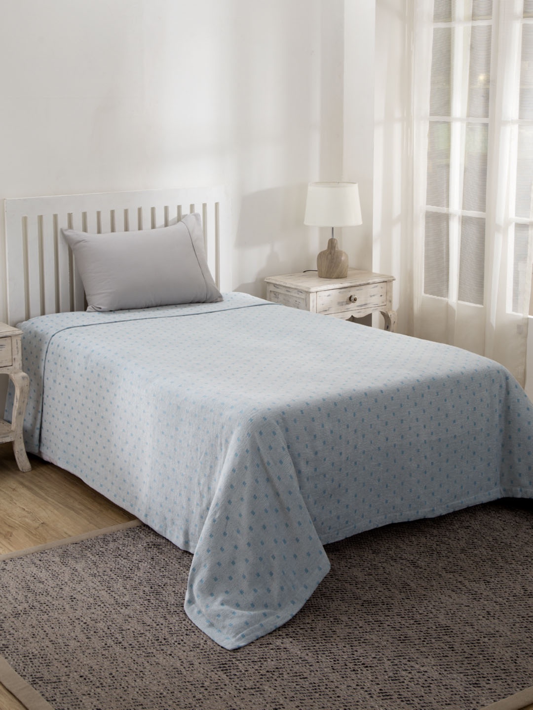 

MASPAR Grey & Blue Printed Mad For Plaid Plain Single Bed Cover