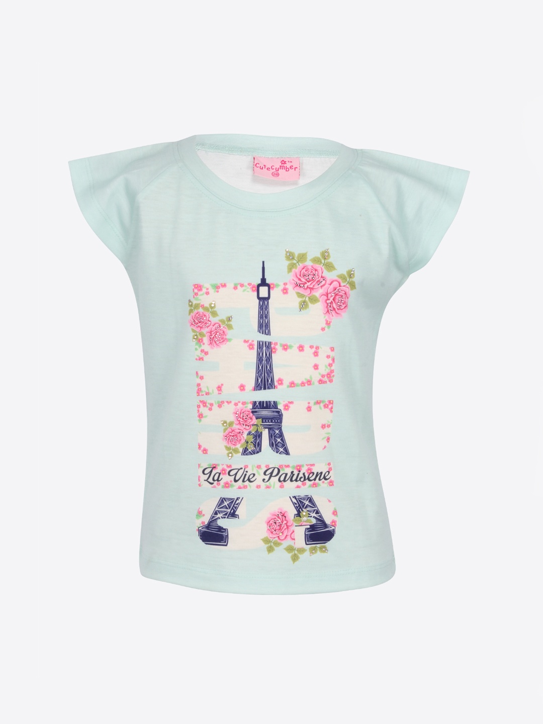 

CUTECUMBER Girls Mint Green & Pink Eiffel Tower Print T-shirt