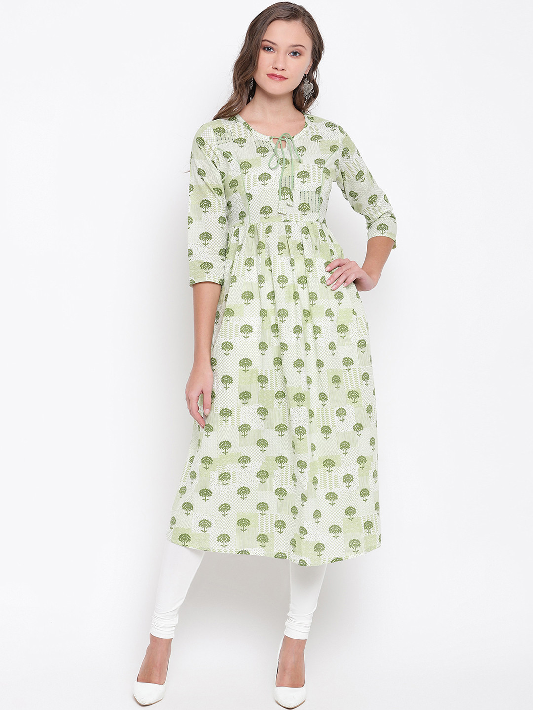 

Vbuyz Women Green & White Floral Printed Anarkali Kurta