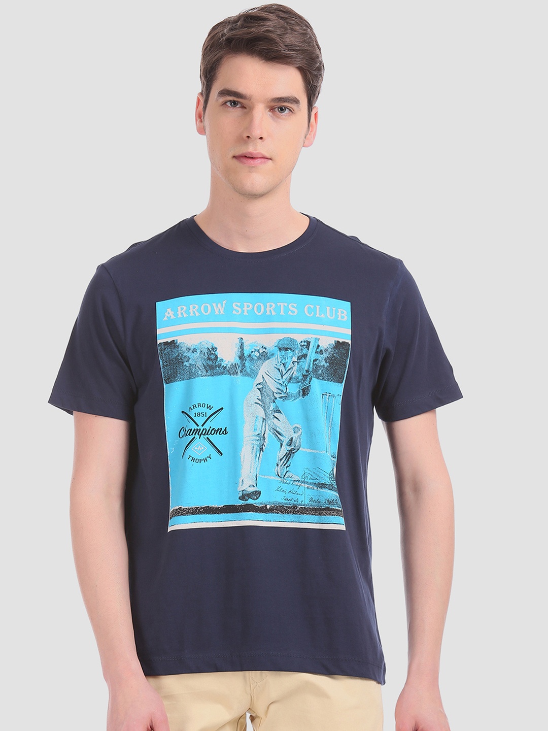 

Arrow Sport Men Navy Blue Printed Round Neck Pure Cotton T-shirt