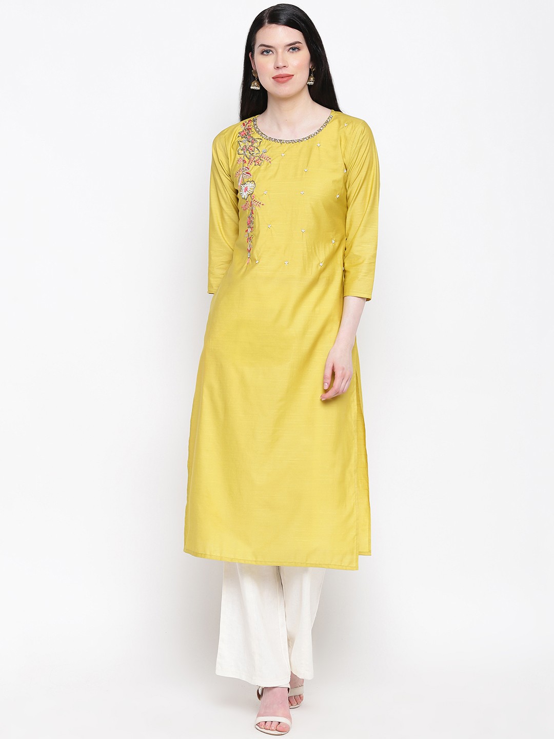 

Vbuyz Women Yellow Embroidered Straight Kurta