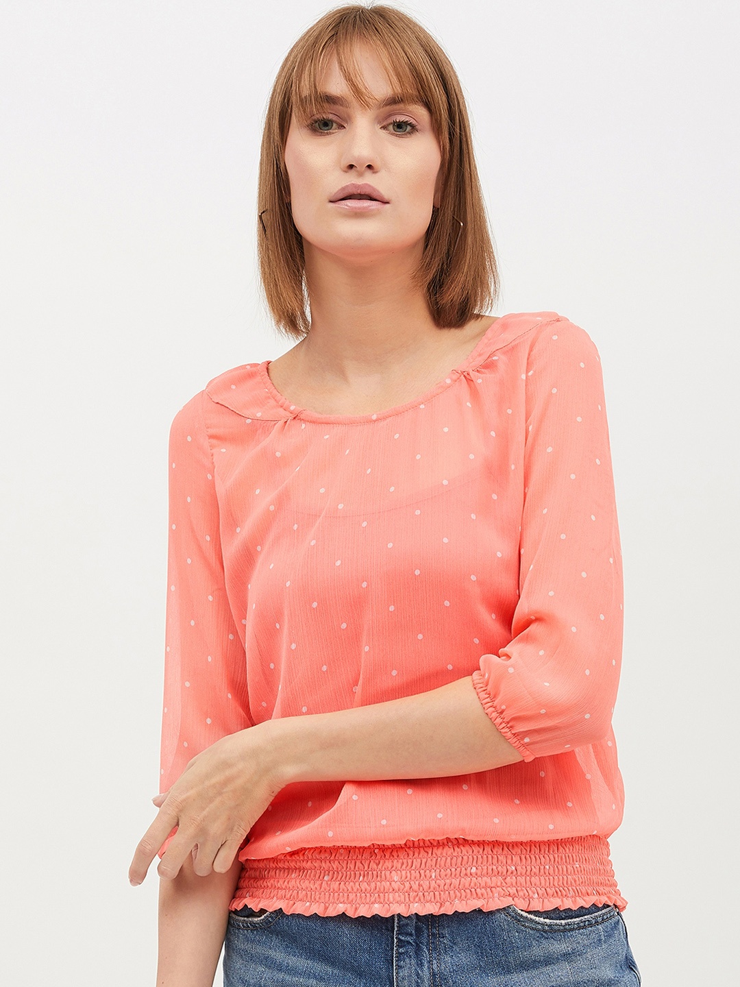 

Harpa Women Coral Orange Printed Blouson Top