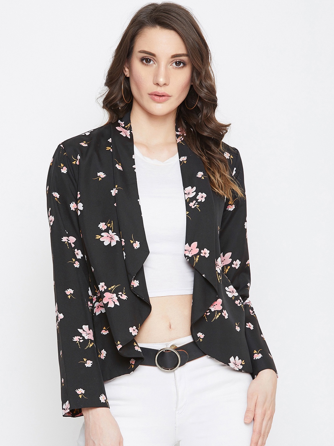 

PURYS Women Black Floral Printed Open Front Shrug
