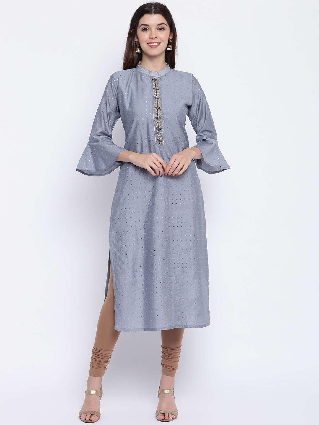 

Vbuyz Women Grey Embellished Chanderi Silk Straight Kurta